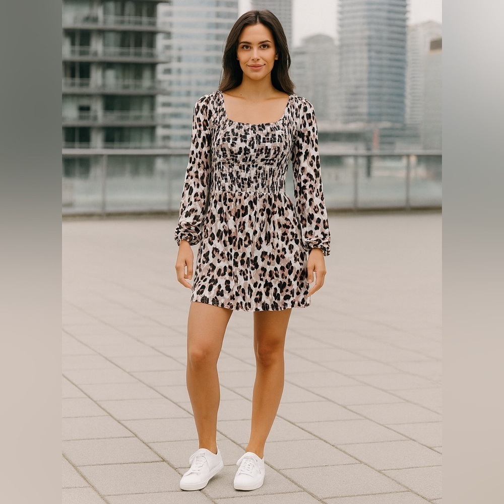 True Craft Leopard Print Smocked Mini Dress Size L Long Sleeve Square Neck